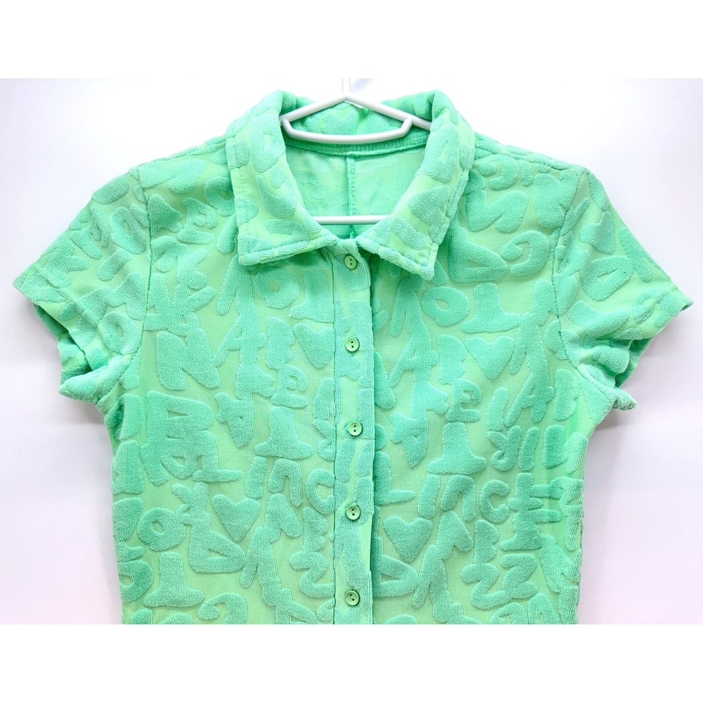 Green Textured Terry Letter Button Front Romper Sz M Y2K Beach Babe Dopamine - Picture 4 of 10